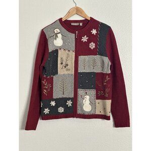 Croft & Barrow Women's Vintage Patchwork Christmas Cardigan Full Zip Size Med